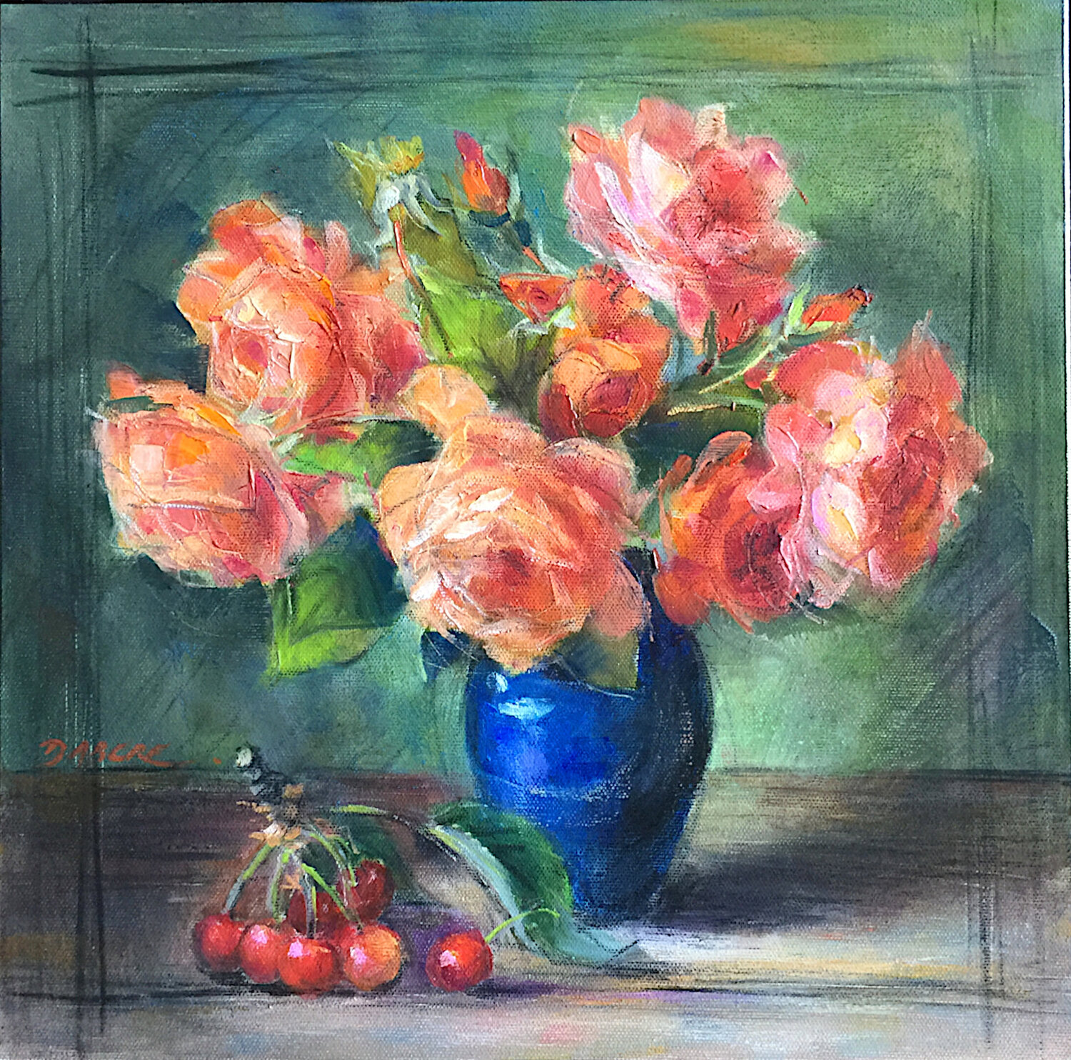 LES ROSES DU JARDIN AU VASE BLEU PASCAL DABERE Original painting for sale