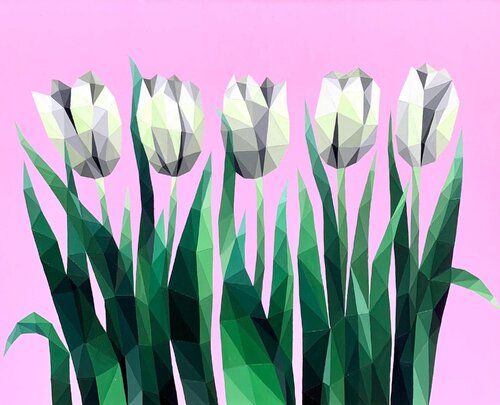 WHITE TULIPS ON A PINK BACKGROUND von Tuzhilkina Maria, Malerei kaufen auf Select