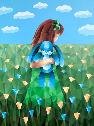 GIRL IN A FLOWER FIELD WITH A BLUE RABBIT by Tuzhilkina Maria, Painting for Sale on Select