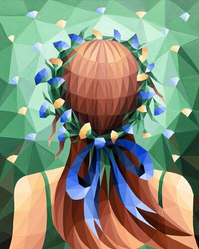 GIRL WITH FLORAL WREATH WITH BLUE RIBBON by Tuzhilkina Maria, Painting for Sale on Select