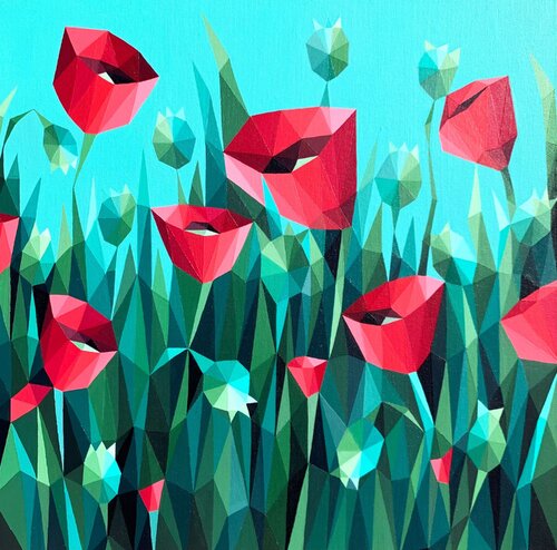 SCARLET POPPIES ON A TURQUOISE BACKGROUND by Tuzhilkina Maria, Painting for Sale on Select