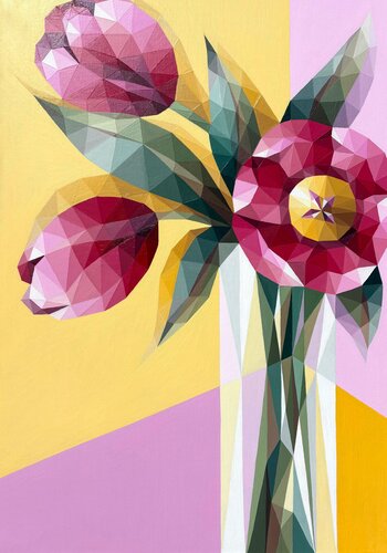BOUQUET OF PINK TULIPS IN A VASE ON YELLOW by Tuzhilkina Maria, Painting for Sale on Select