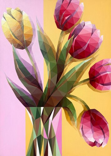 GEOMETRIC PINK AND YELLOW TULIPS by Tuzhilkina Maria, Painting for Sale on Select