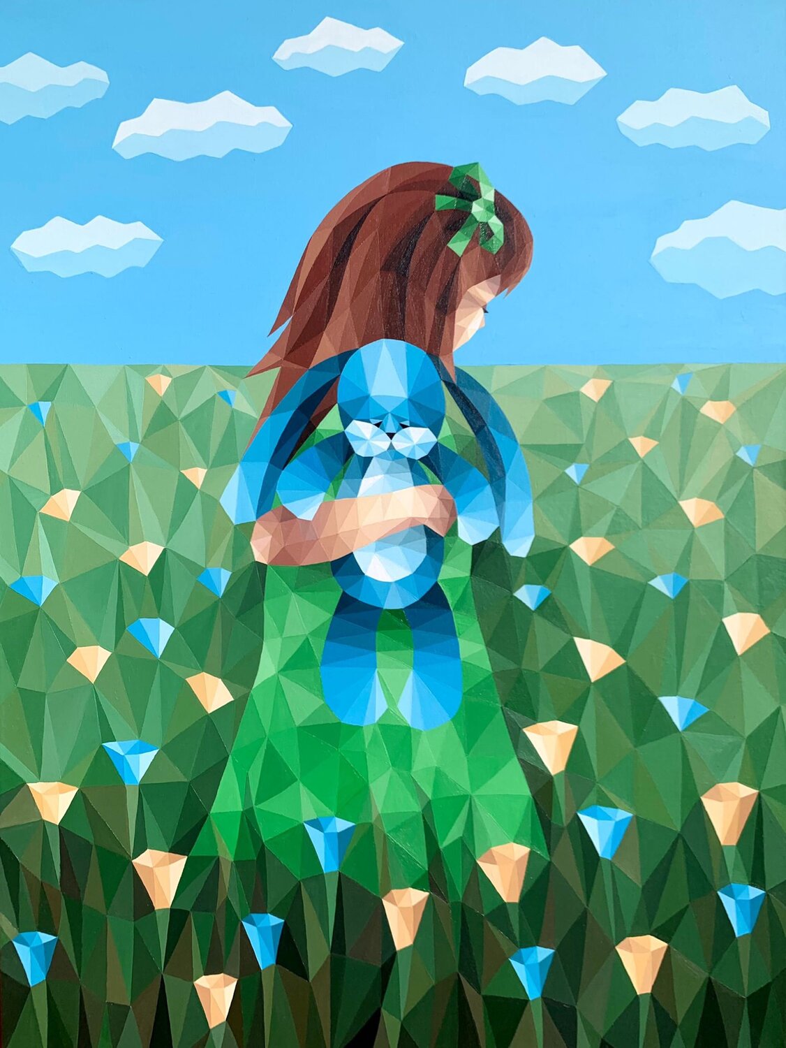 GIRL IN A FLOWER FIELD WITH A BLUE RABBIT Tuzhilkina Maria Original painting for sale