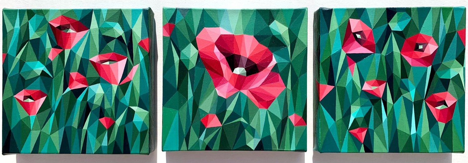 TRIPTYCH “RED POPPIES ON GREEN” Tuzhilkina Maria Original painting for sale