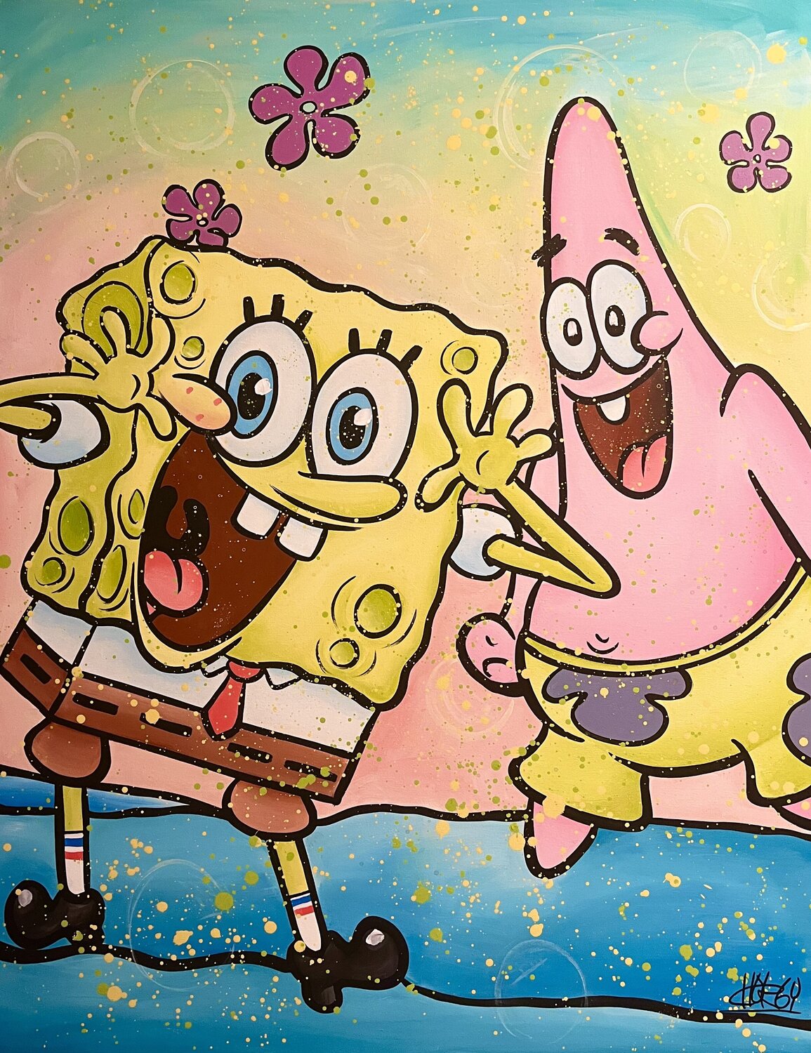 «Sponges and Starfish» feat. Spongebob Squarepants CHORGY Original painting for sale
