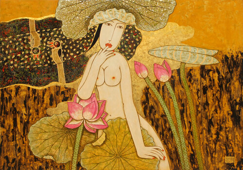 NUDE WITH LOTUS by Bui Trong Du, Painting for Sale on Select