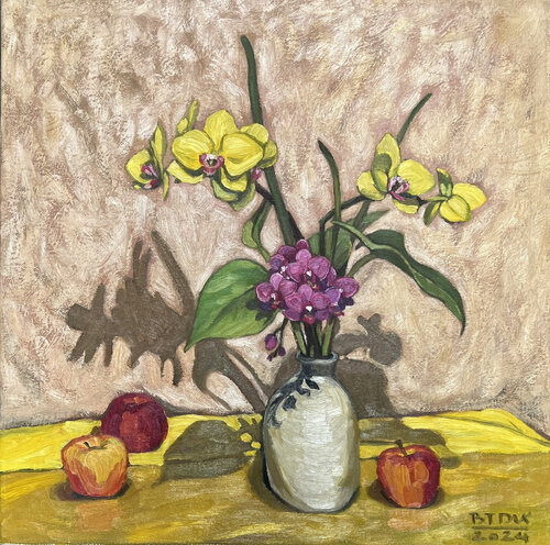 Still Life Of Phalaenopsis Orchids And Apples by Bui Trong Du, Painting for Sale on Select