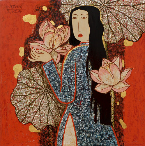 The Girl With Lotus Flowers by Bui Trong Du, Painting for Sale on Select