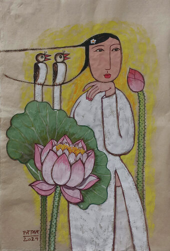 The Girl With White Long Dress by Bui Trong Du, Painting for Sale on Select