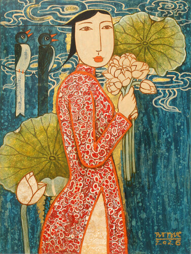 The Girl With Birds And Cloudes by Bui Trong Du, Painting for Sale on Select
