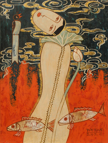 Nude With Bird, Fishes And Cloude by Bui Trong Du, Painting for Sale on Select