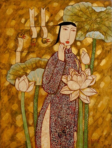 Girl with lotus and birds in sunny afternoon by Bui Trong Du, Painting for Sale on Select