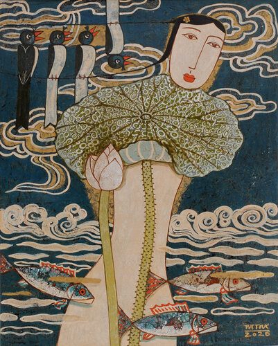 Nude With Birds, Fishes And Cloudes No2 by Bui Trong Du, Painting for Sale on Select