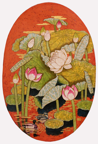 Happiness Beneath The Lotus by Bui Trong Du, Painting for Sale on Select