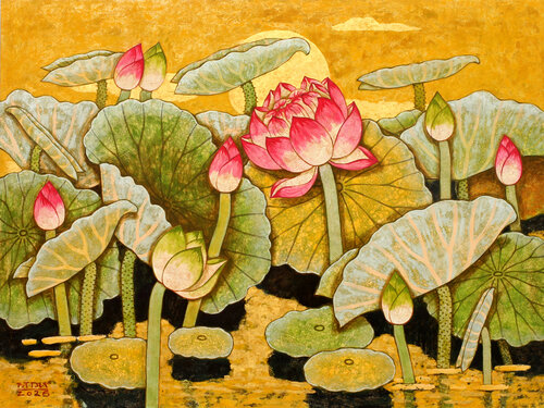 Pink Lotus At Dawn by Bui Trong Du, Painting for Sale on Select