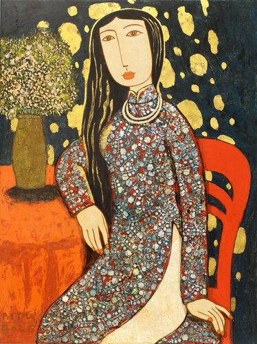 The Girl And The Vase Of Flowers by Bui Trong Du, Painting for Sale on Select