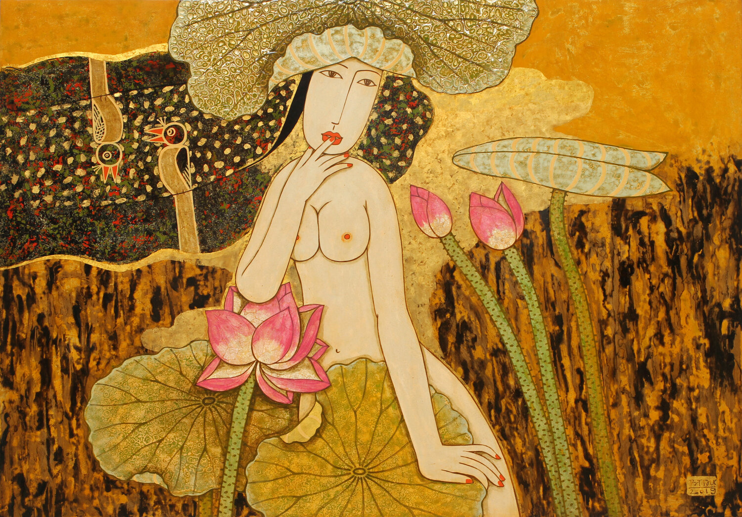 NUDE WITH LOTUS Bui Trong Du Original painting for sale