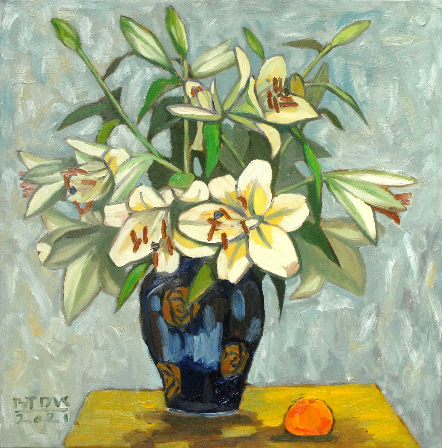 Still life lilies with oranges Bui Trong Du Original painting for sale