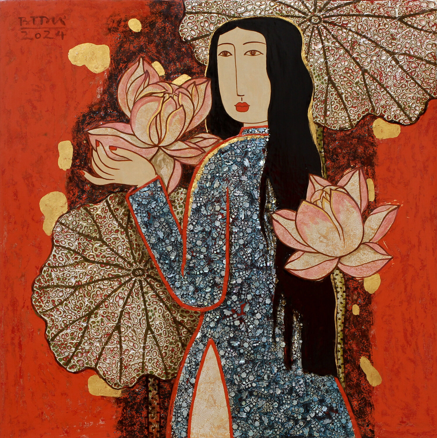 The Girl With Lotus Flowers Bui Trong Du Original painting for sale