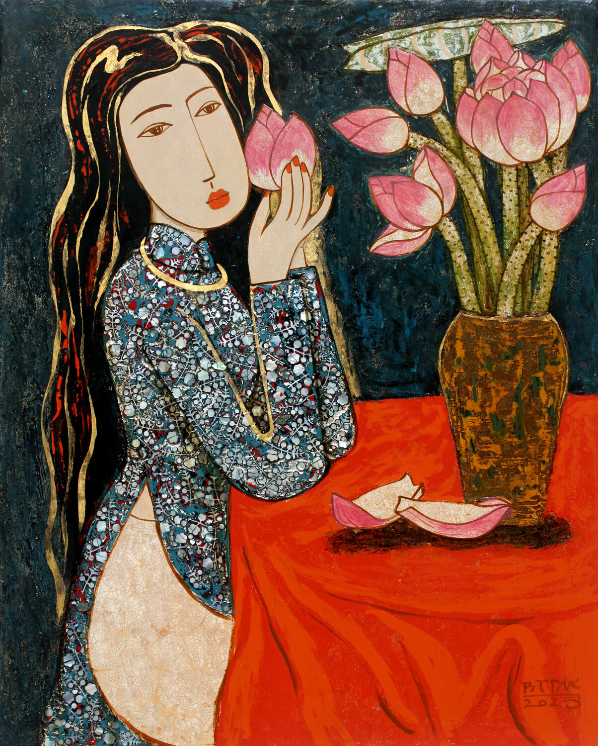 The Girl And The Vase Of Lotus Flowers Bui Trong Du Original painting for sale