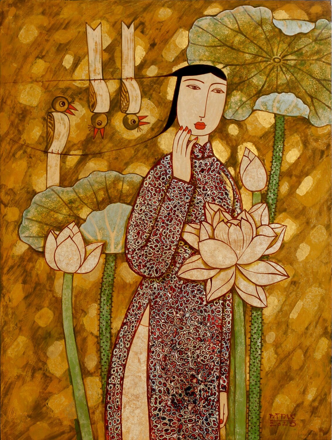 Girl with lotus and birds in sunny afternoon Bui Trong Du Original painting for sale