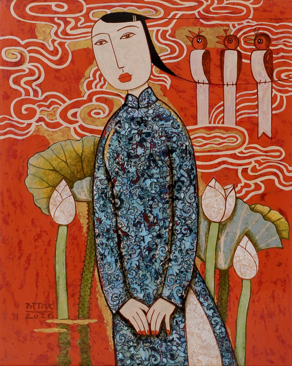 The Girl With Birds And Cloudes No2 Bui Trong Du Original painting for sale