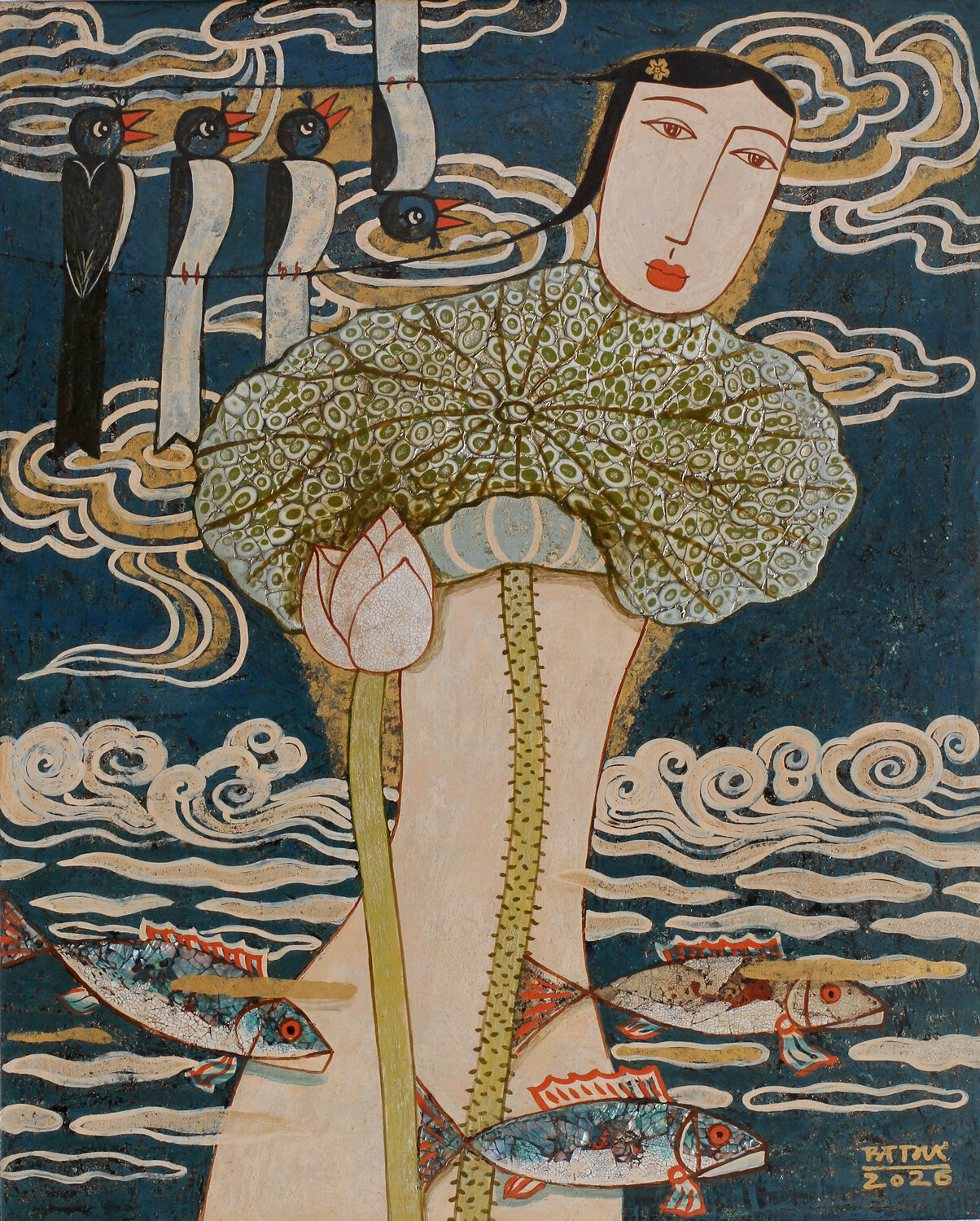 Nude With Birds, Fishes And Cloudes No2 Bui Trong Du Original painting for sale