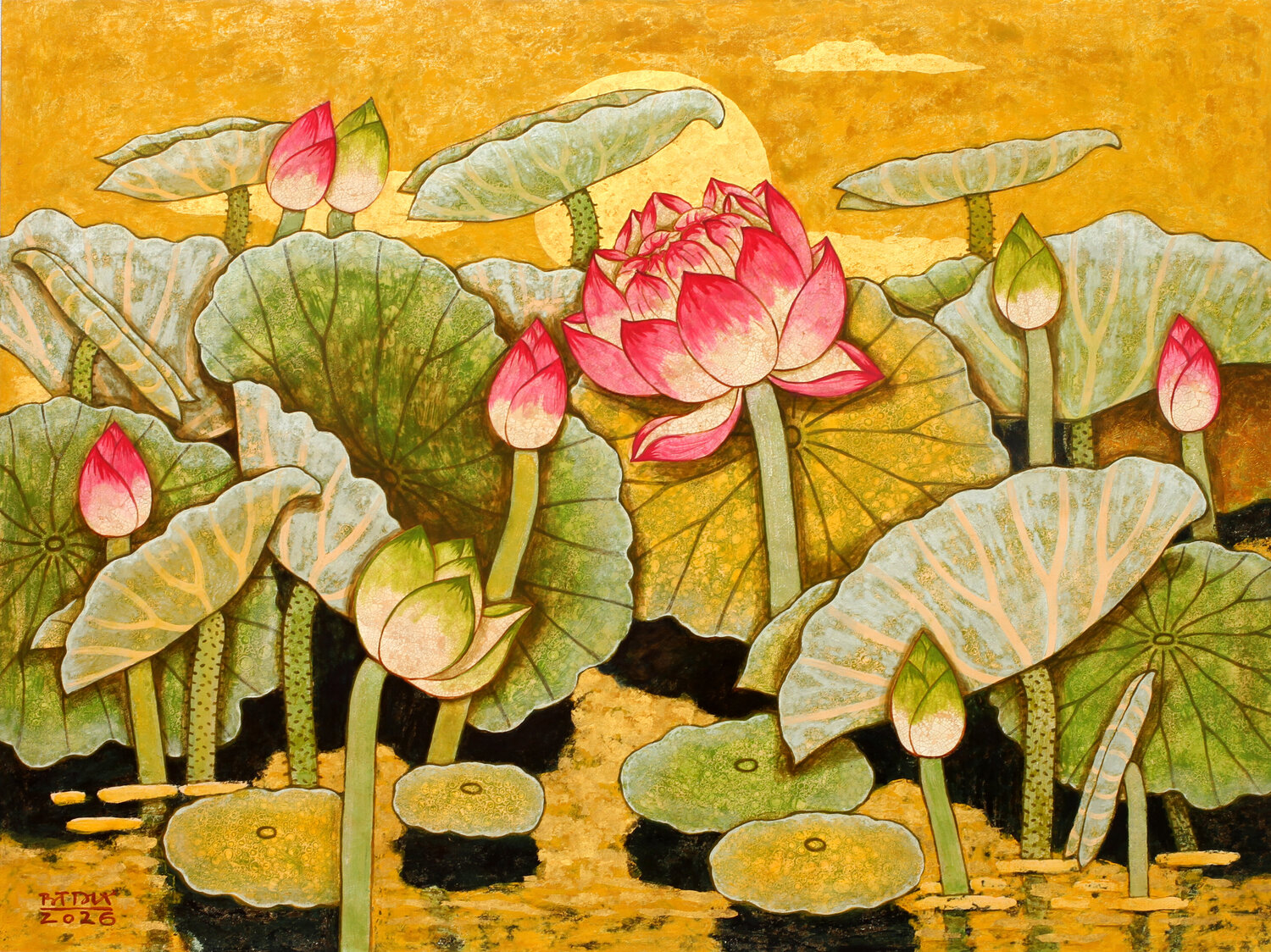 Pink Lotus At Dawn Bui Trong Du Original painting for sale