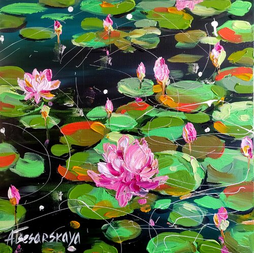 Water lilies in the lake - seascape by Aliaksandra Tsesarskaya, Painting for Sale on Select