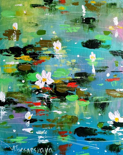 White water lilies - landscape by Aliaksandra Tsesarskaya, Painting for Sale on Select