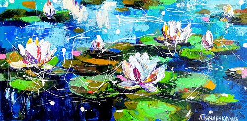 Water lilies in the lake - seascape by Aliaksandra Tsesarskaya, Painting for Sale on Select