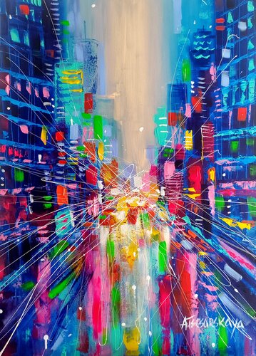 Colorful light's of the city - cityscape by Aliaksandra Tsesarskaya, Painting for Sale on Select