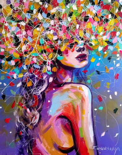 Autumn flowers - colorful portrait woman by Aliaksandra Tsesarskaya, Painting for Sale on Select
