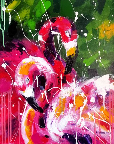 Dance Flamingo - bird painting by Aliaksandra Tsesarskaya, Painting for Sale on Select
