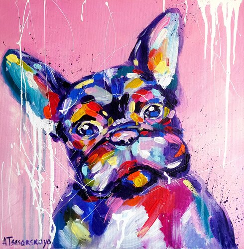 Adorable franch bulldog- colorful portrait dog by Aliaksandra Tsesarskaya, Painting for Sale on Select