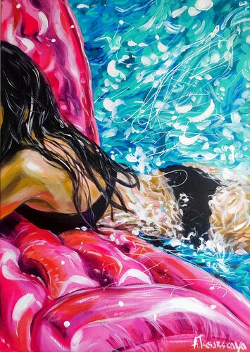 Suny day at the pool - girl at the pool by Aliaksandra Tsesarskaya, Painting for Sale on Select