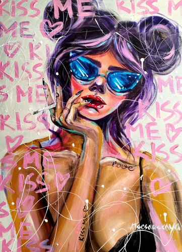 Kiss me - colorful portrait woman by Aliaksandra Tsesarskaya, Painting for Sale on Select