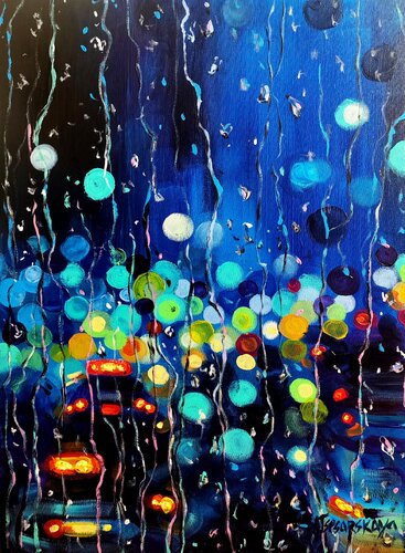 Rainy night light in the city - cityscape by Aliaksandra Tsesarskaya, Painting for Sale on Select
