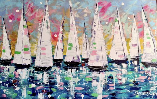 Summer sunset with White sailboats by Aliaksandra Tsesarskaya, Painting for Sale on Select