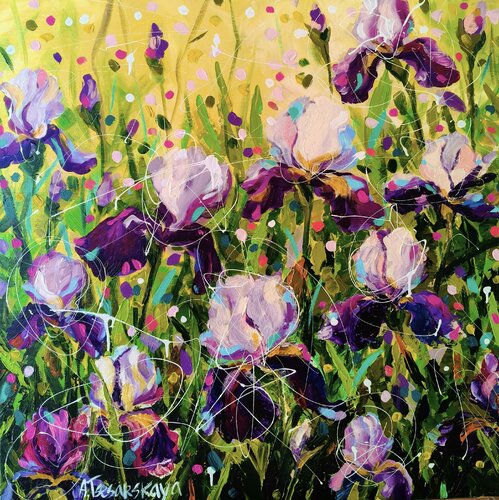 Iris flowers field - landscape with flowers by Aliaksandra Tsesarskaya, Painting for Sale on Select