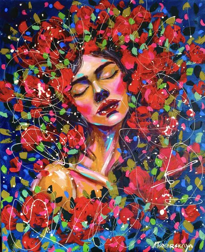 Girl with red flowers - Colorful portrait woman by Aliaksandra Tsesarskaya, Painting for Sale on Select