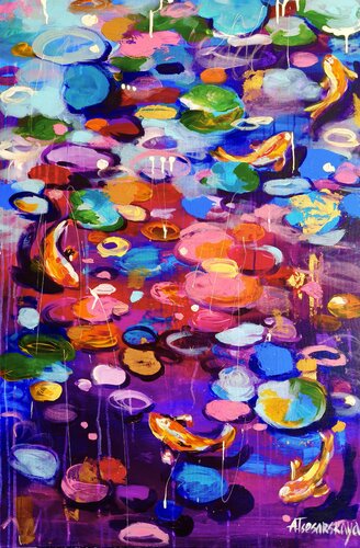 Koi fish with wáter lilies in the lake - landscape with wáter lilies by Aliaksandra Tsesarskaya, Painting for Sale on Select