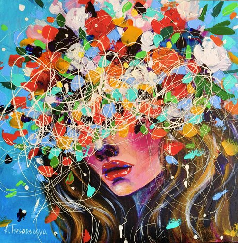 Mistery face - Colorful portrait woman by Aliaksandra Tsesarskaya, Painting for Sale on Select
