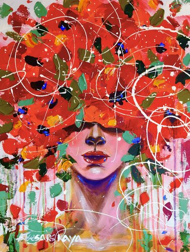 Girl with popies -colorful portrait woman by Aliaksandra Tsesarskaya, Painting for Sale on Select