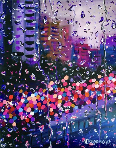 Rainy day in the city - cityscape by Aliaksandra Tsesarskaya, Painting for Sale on Select