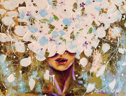 Girl with White flowers - Colorful portrait woman by Aliaksandra Tsesarskaya, Painting for Sale on Select