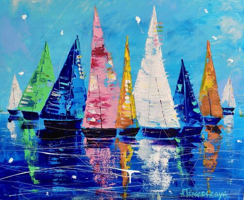 Colorful sailbosts - abstract boats by Aliaksandra Tsesarskaya, Painting for Sale on Select