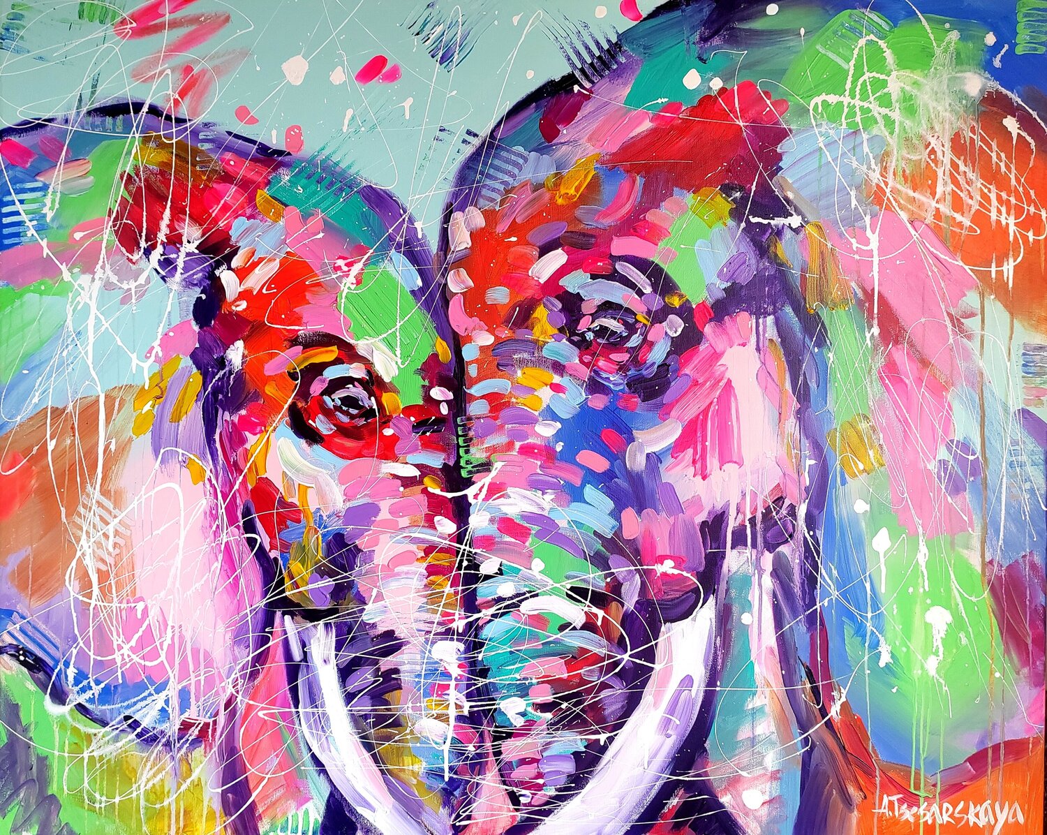 Wild love - colorful portrait elephants Aliaksandra Tsesarskaya Original painting for sale