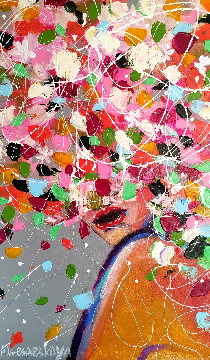 Autumn flowers in the head - colorful portrait woman Aliaksandra Tsesarskaya Original painting for sale